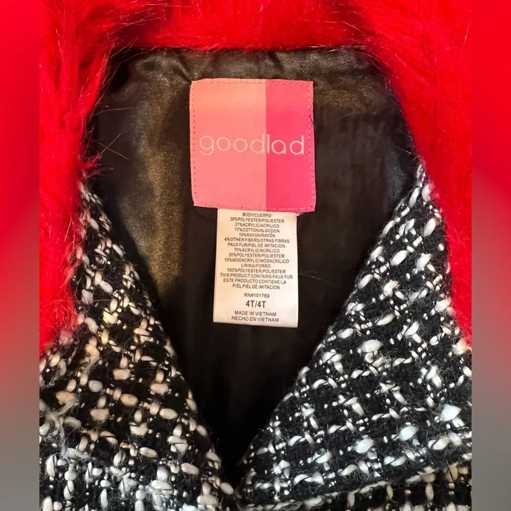 Goodlad Stylish Black and White Coat with Red Fur Accents Coat Girls Sz 4